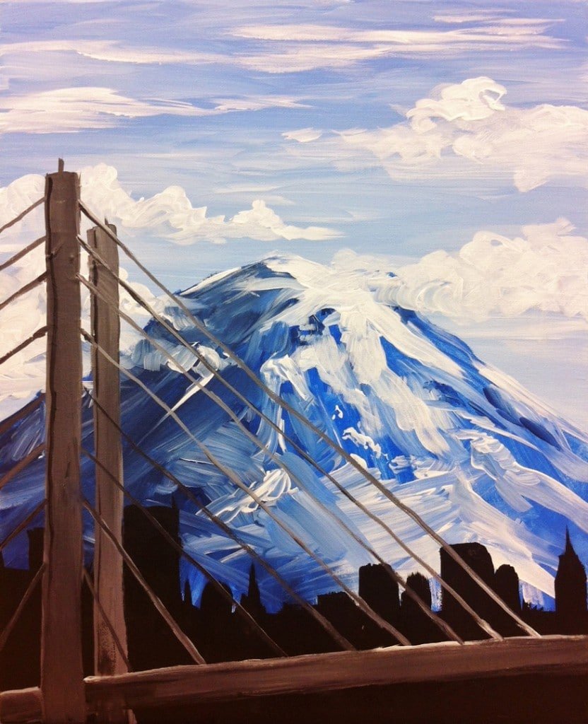 Mount Rainier with the Tacoma city skyline. Sip n paint fun!