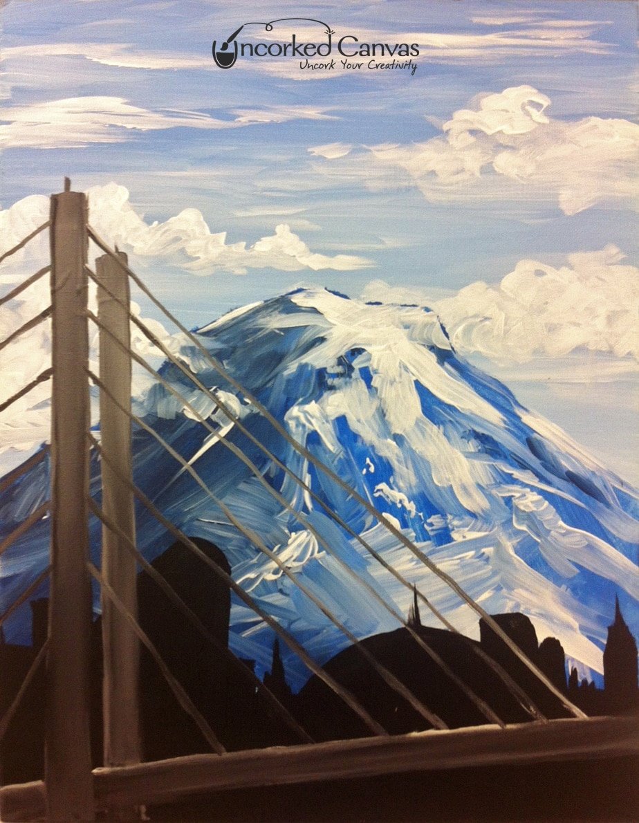 Mount Rainier with the Tacoma city skyline. Sip n paint fun!