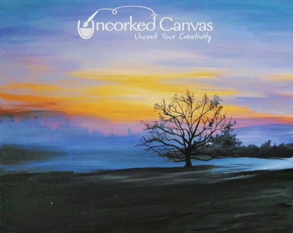 Uncorked Canvas Violet Sunrise wine and paint near me.