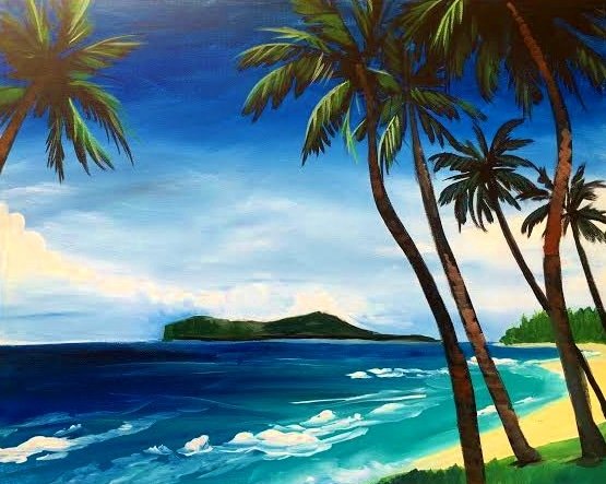 Hawaii Dreaming wine and paint event. Art classes for beginners, or couples paint and sip ideas! Paint and sip classes Tacoma