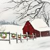 Red Barn in Snowy Field with Christmas Wreaths