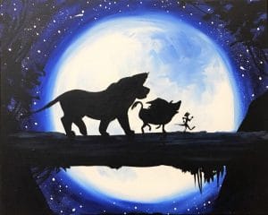 Lion King characters in front of the night skies full moon.