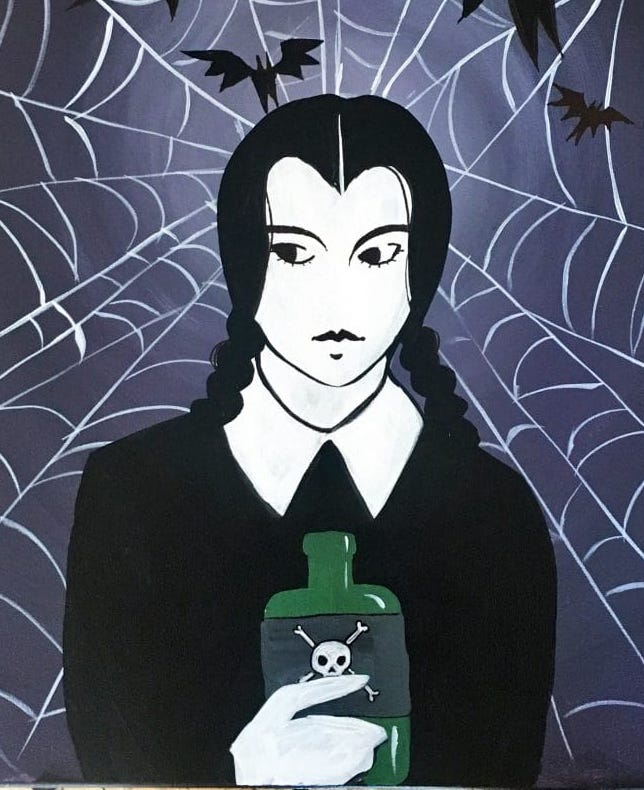 A paint and sip image of Wednesday Addams with a spider web background.