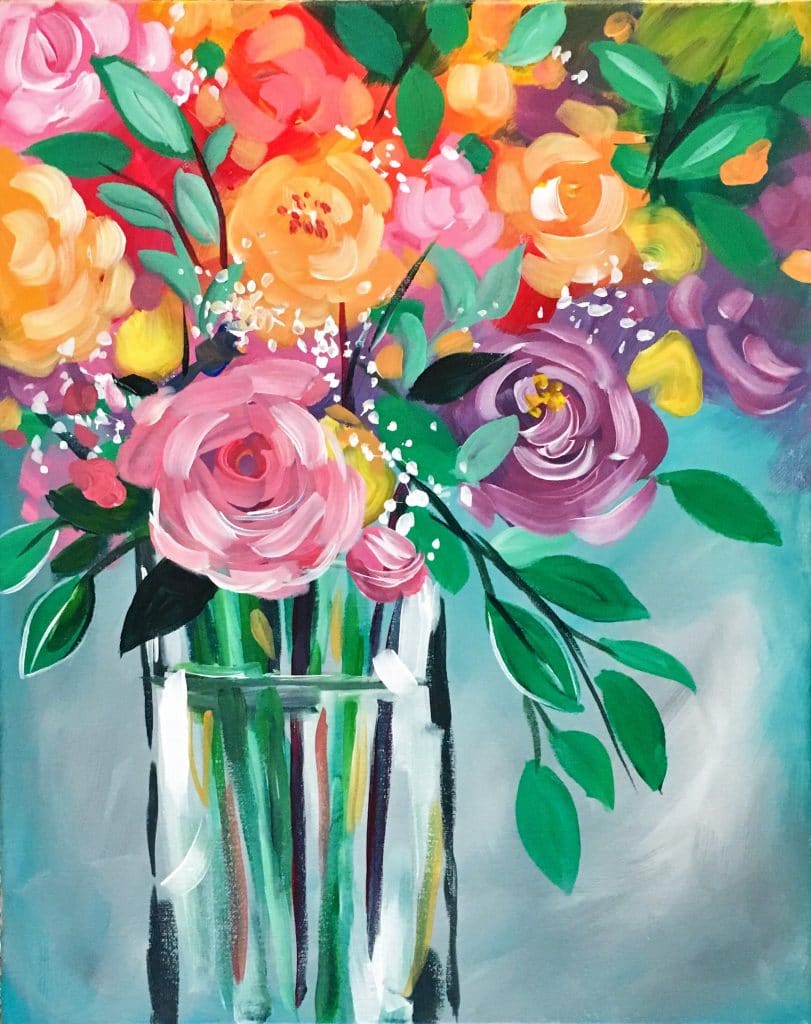 Spring Bouquet in glass vase. An acrylic paint idea.