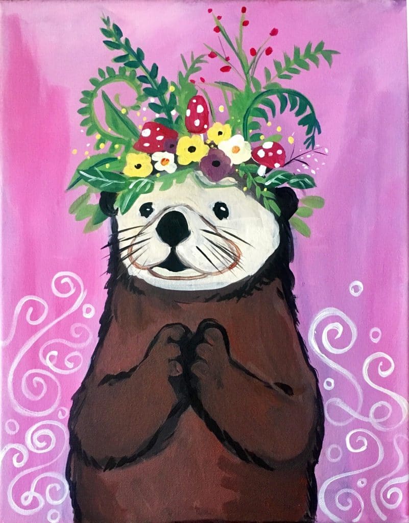 An adorable otter with a flower crown. A fun paint and sip templates included.