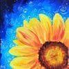 A bright yellow sunflower sits on a blue background. A great painting with a twist.