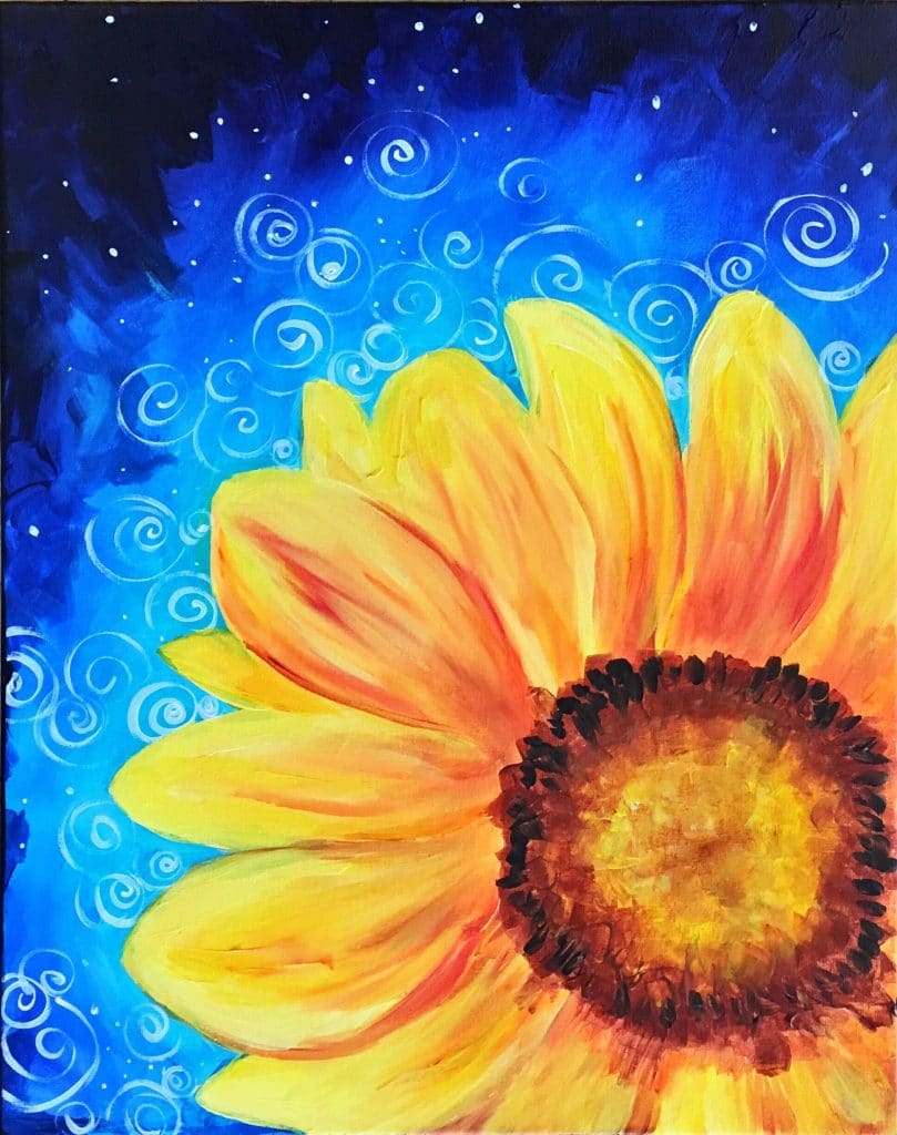 A bright yellow sunflower sits on a blue background leaving. A great painting with a twist.