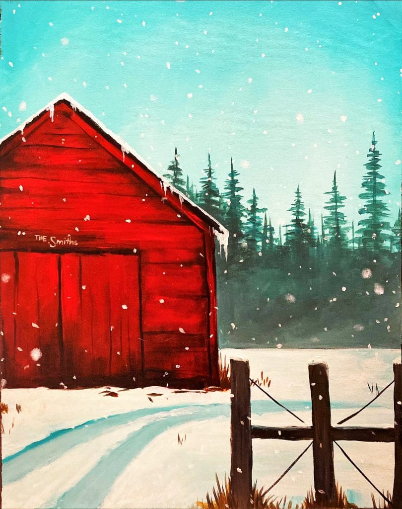 Paint this rustic red winter barn and enjoy the paint and sip experience at home.