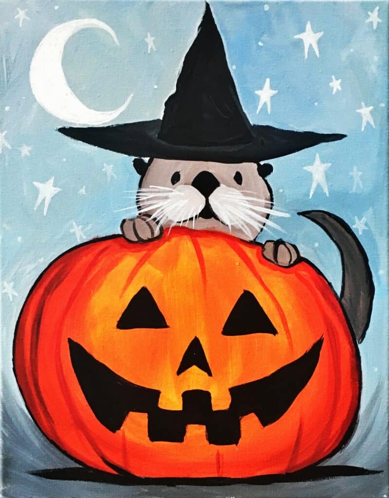 Halloween Pumpkin jack-o-lantern with Otter Wizard